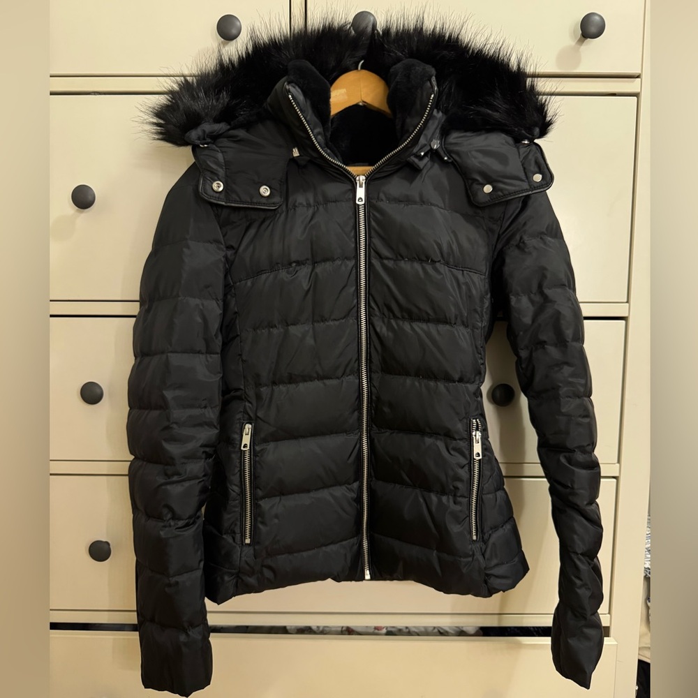 Zara Quilted Black Puffer Coat with Fur Trim